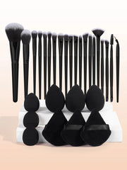 beauty egg sponges with makeup brushes on vanity