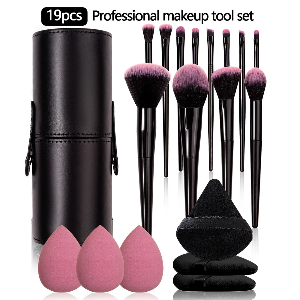 professional face makeup brushes with powder puffs and beauty eggs