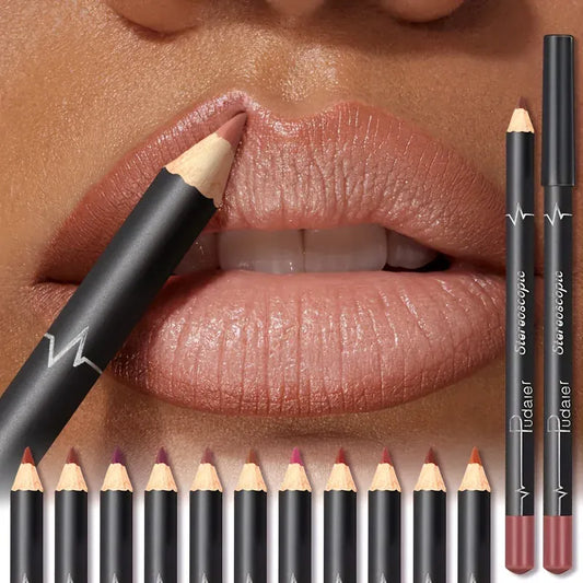 Waterproof matte lipliner pencil 12 colors set on white background