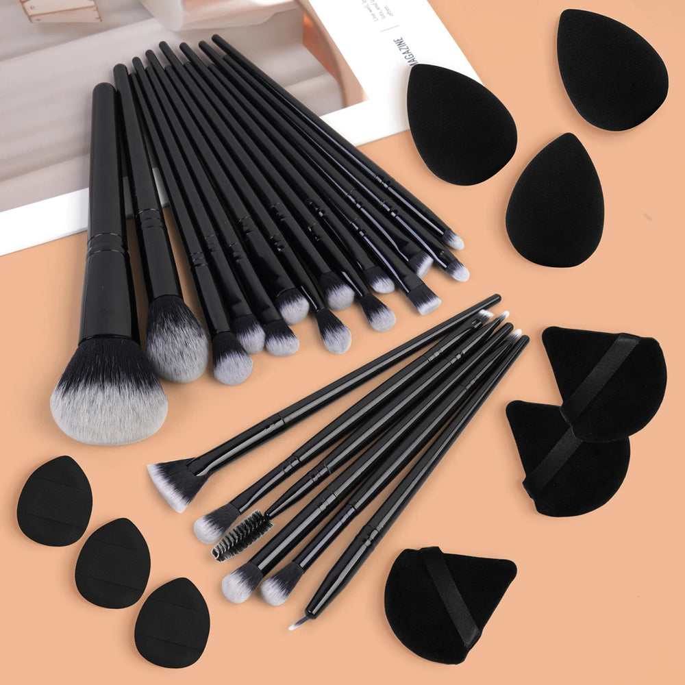 29 piece makeup brush set with sponges and puffs