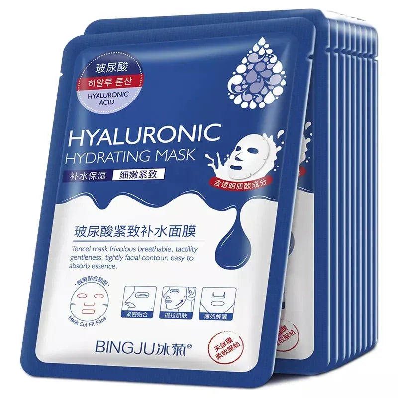 10PCS Hyaluronic Acid Hydrating Facial Mask – Deep Moisturizing & Pore Shrinking Sheet Masks